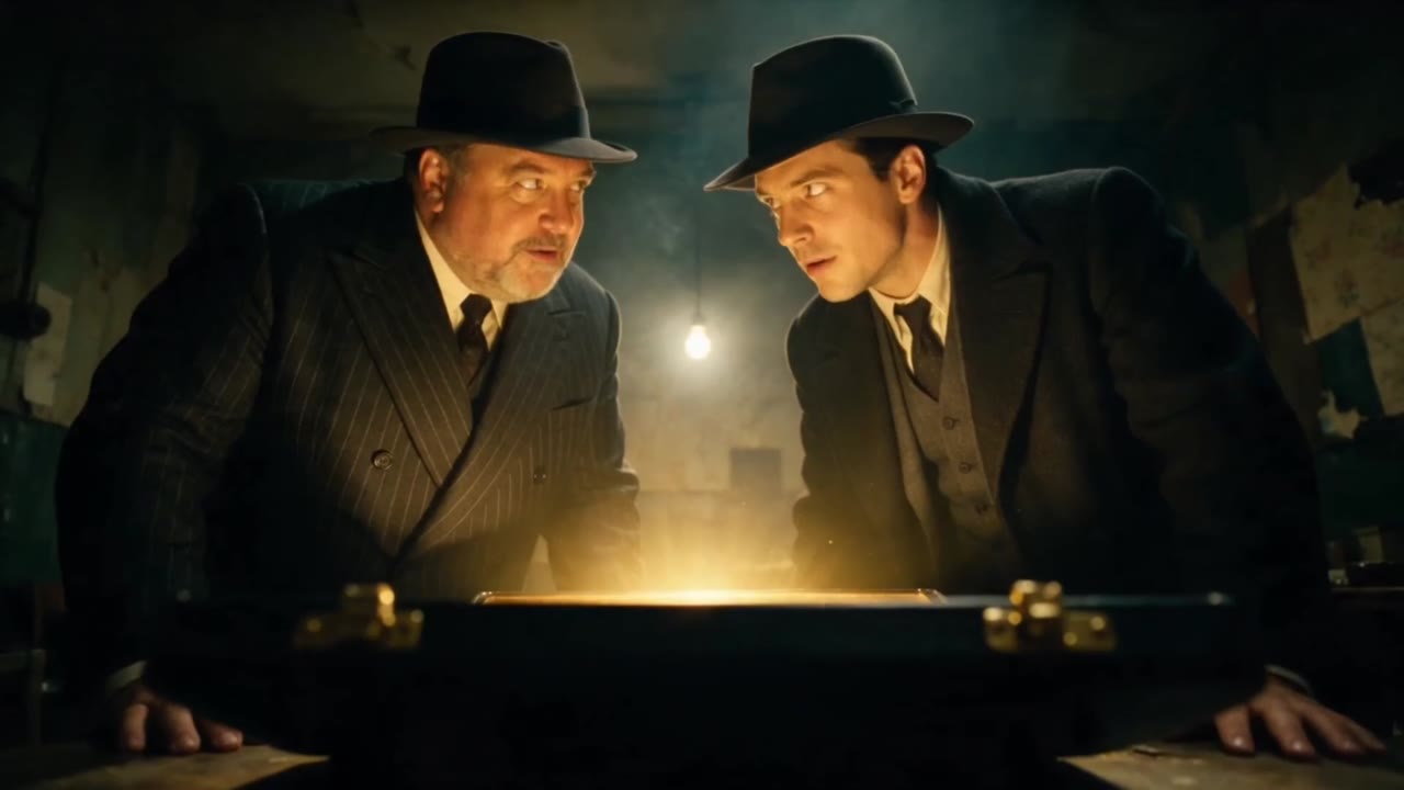 Two gangsters lit by a glowing briefcase
