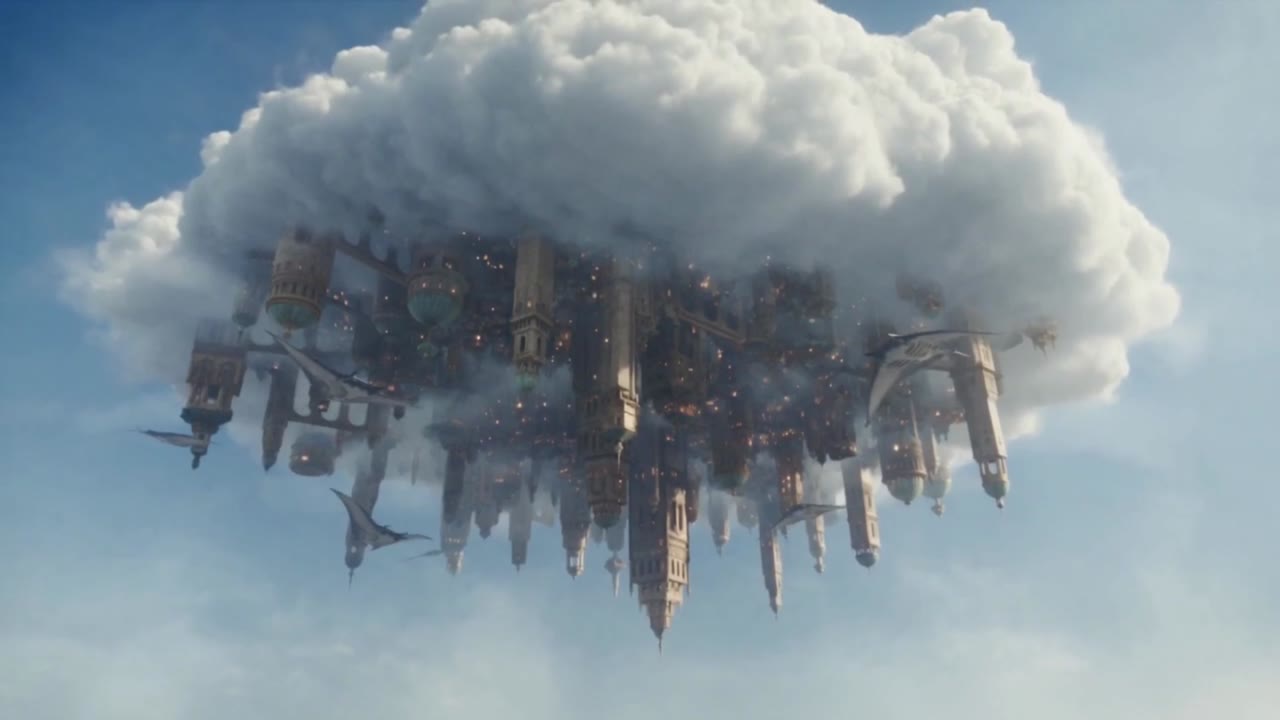 An upside-down city hanging from a cloud