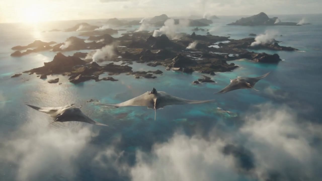 Giant manta-like creatures over a volcanic archipelago