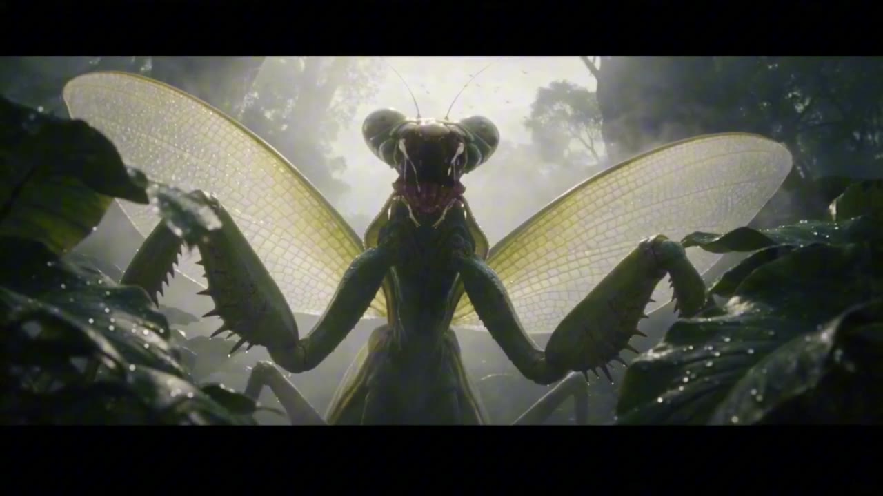 A colossal praying mantis in a misty jungle