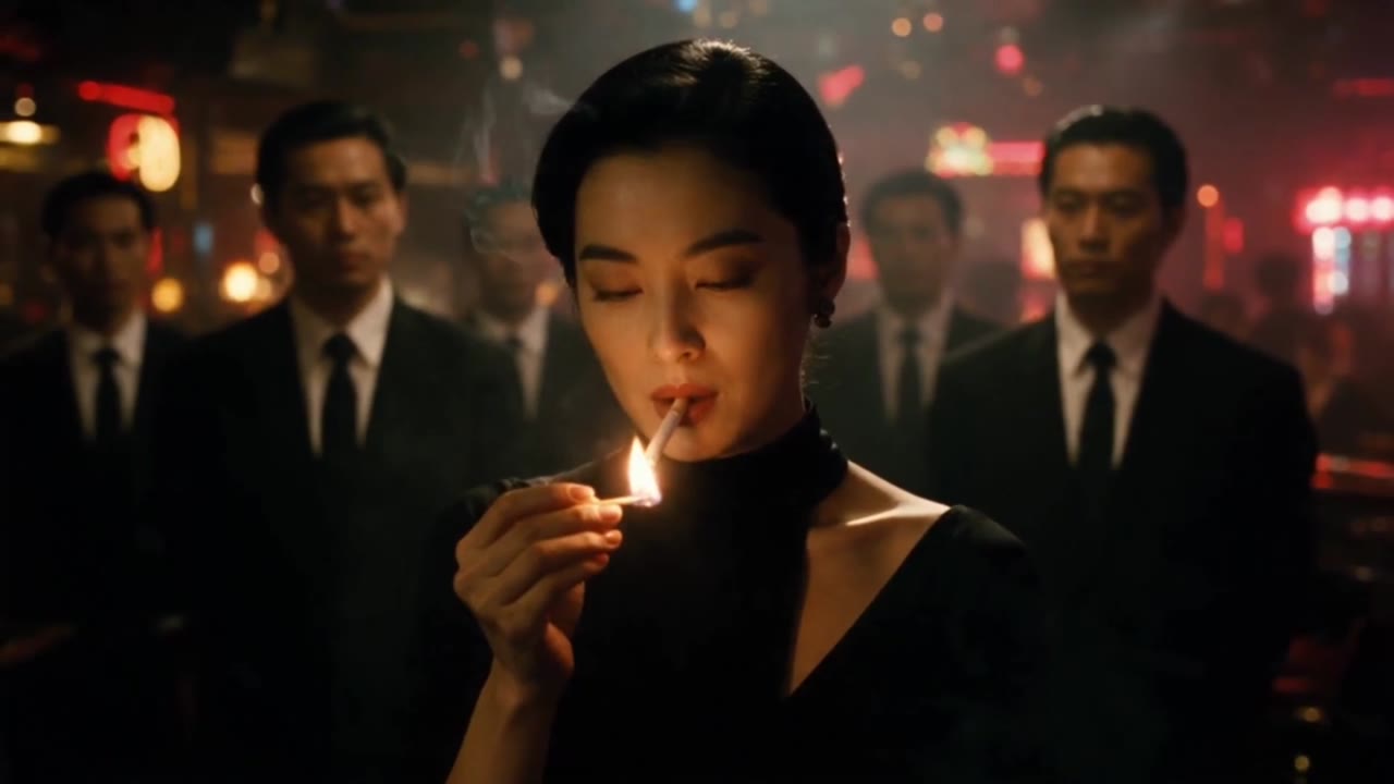 A woman lighting a cigarette in a night club