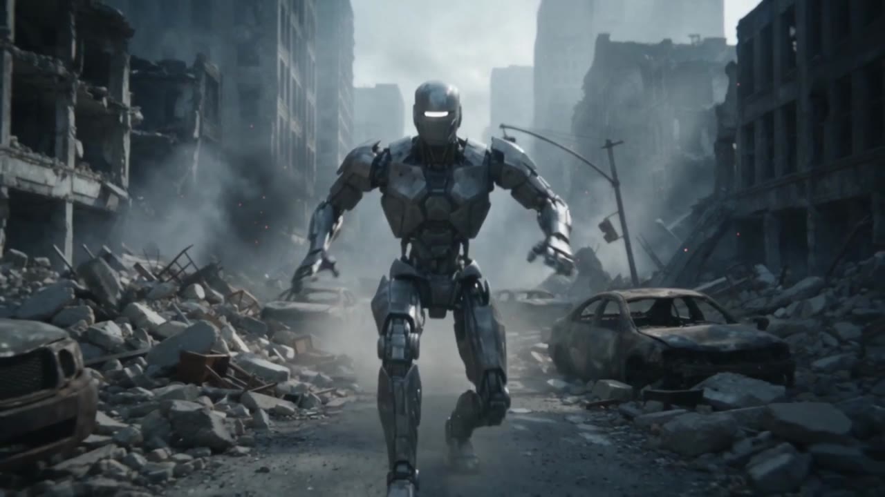 A robot running down a ruined street