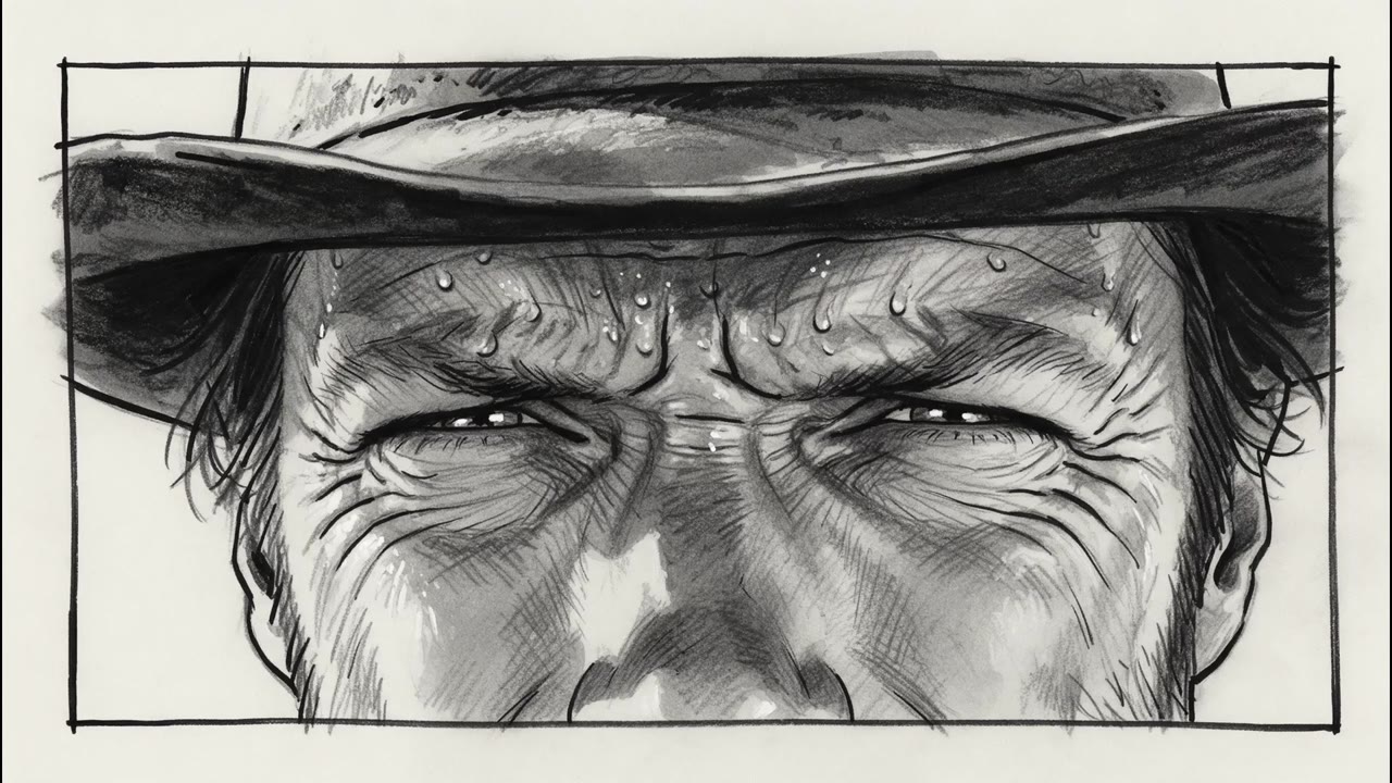 Pencil storyboard panel: a gunslinger's eyes under a hat brim
