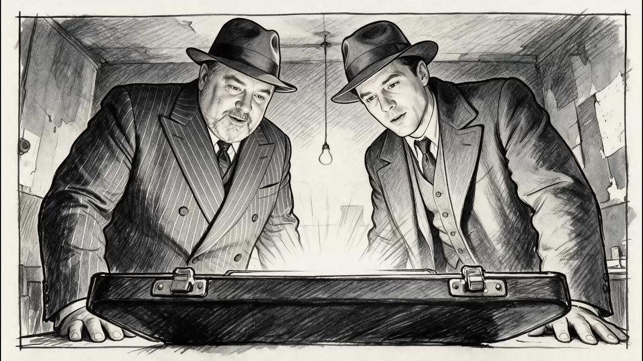 Pencil storyboard of two gangsters over a briefcase