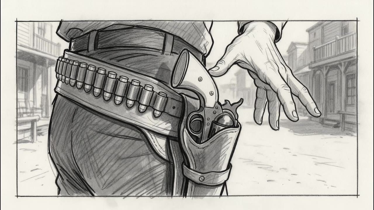 Pencil storyboard of a hand over a holstered revolver