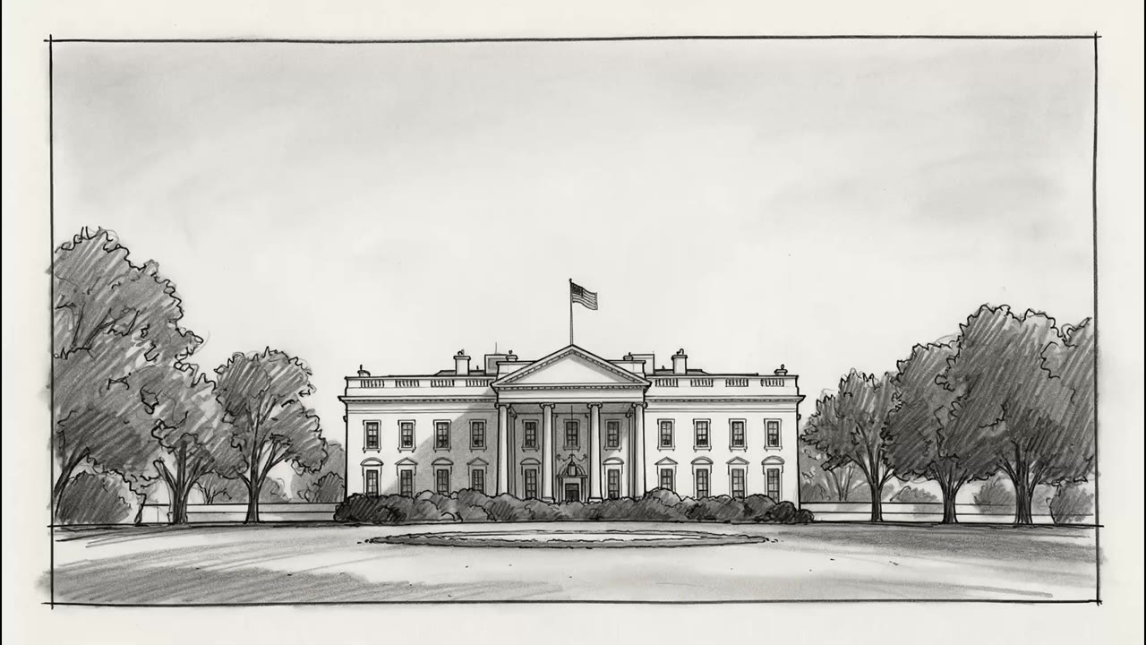 Pencil storyboard of a mothership over a government building